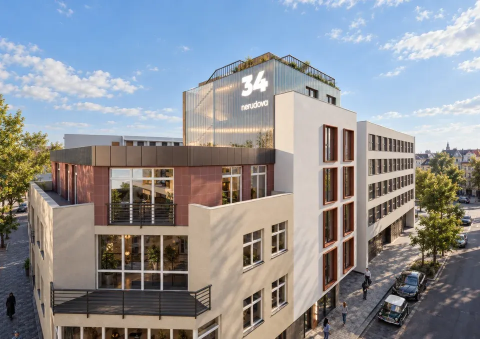 Hotel Nerudova 34 — celkový pohled na hotel a jeho městský kontext