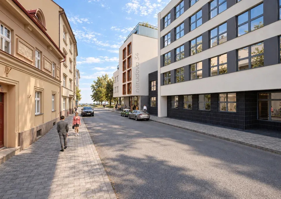 Hotel Nerudova 34 — pohled z Nerudovy ulice v kontextu okolní zástavby