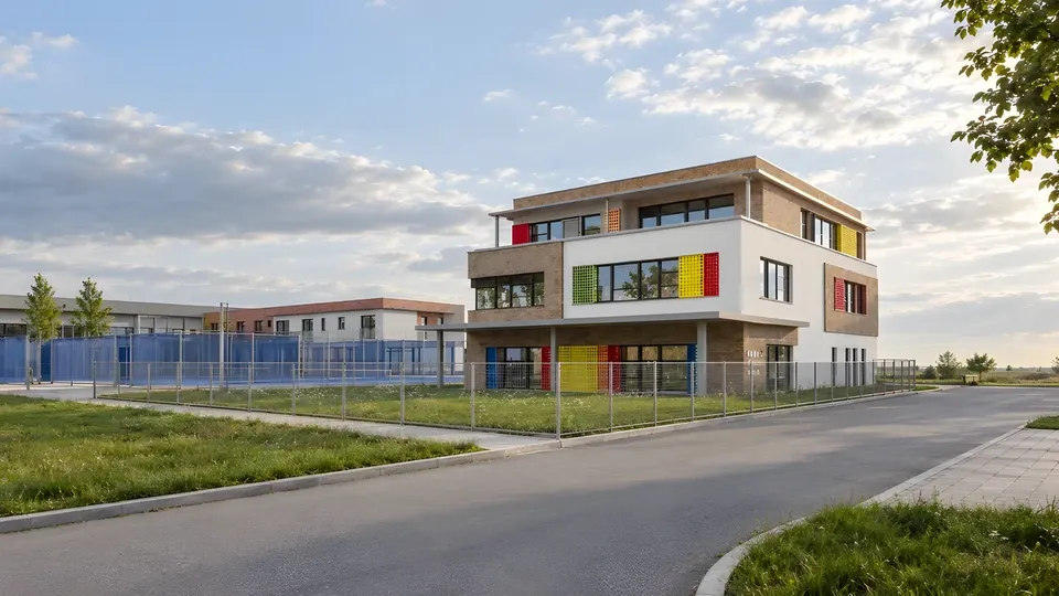 Sportovní mateřská škola Sion, boční pohled na fasádu s barevnými panely