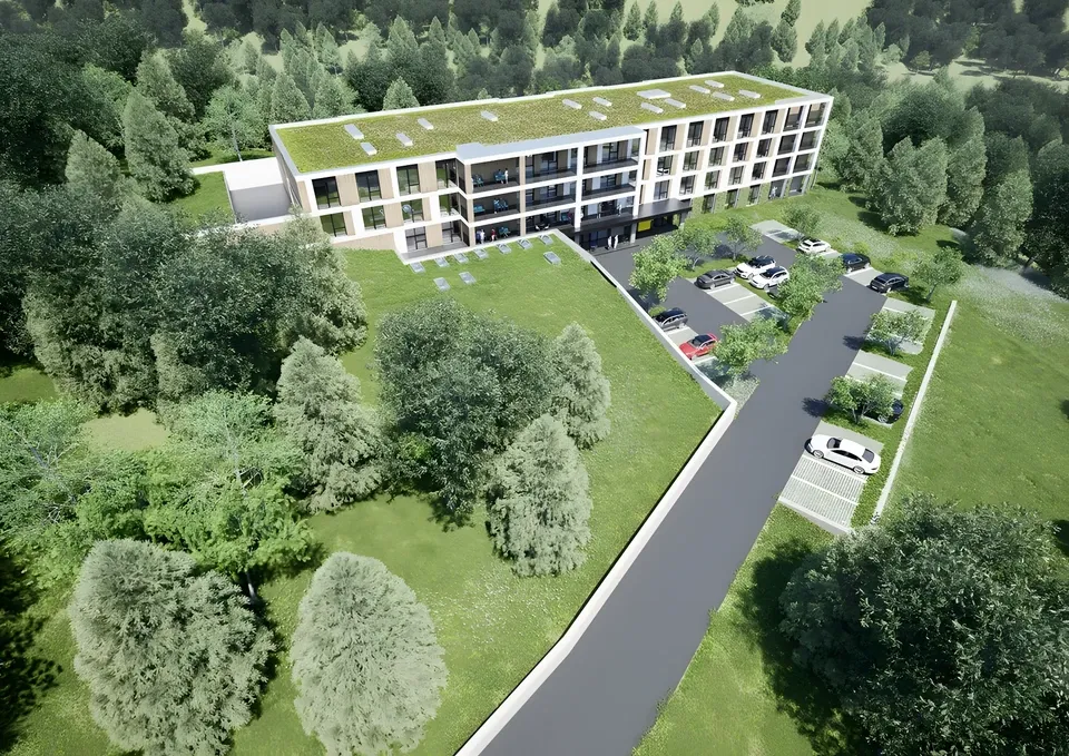 Alzheimer centrum, nadhled na budovu, příjezd a parkování