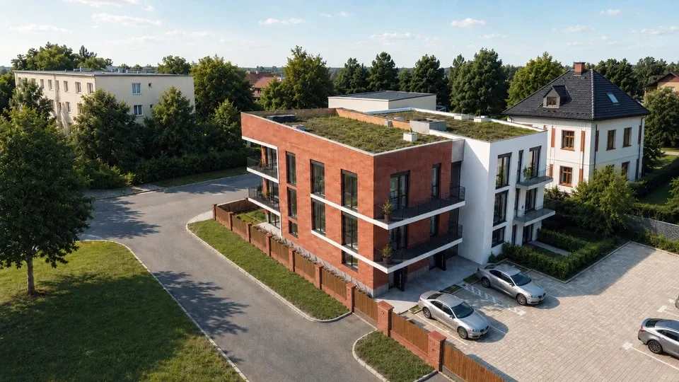 Bytový dům Fučíkova, zelené střechy a parkování z ptačí perspektivy